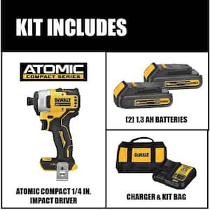 ATOMIC 20-Volt MAX Cordless Brushless Compact 1/4 in. Impact Driver, (2) 20-Volt 1.3Ah Batteries, Charger & Bag