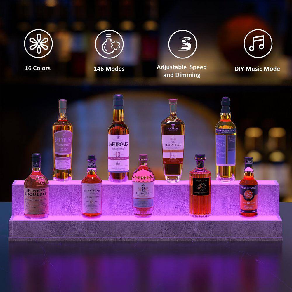 CH 7 in. H x 37.4 in. W 9-Bottle Cement Gray Engineered Wood Bar Shelves,LED Lighted Liquor Bottle Display Shelf