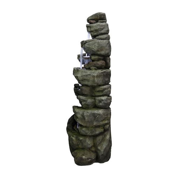 60in.H Resin 7-Tier Cascading Rock Tiered Fountain with LED Lights, Large Natural Stone Look for Garden, Patio, and Yard