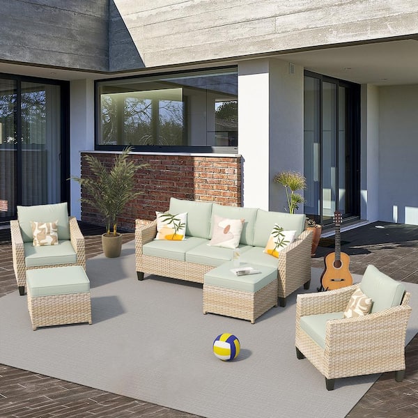 Toject Barkley Beige 5-Piece Outdoor Patio Conversation Sofa Seating Set with Light Green Cushions