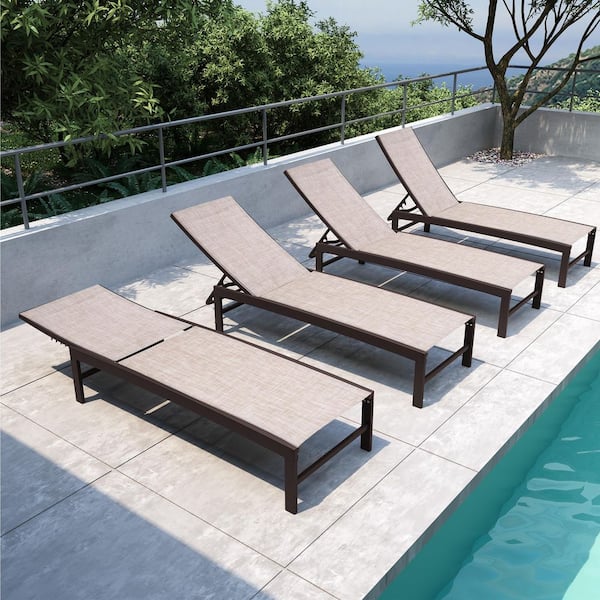 4-Piece Poolside Brown Metal Recliner Adjustable Outdoor Chaise Lounge Chairs in Beige