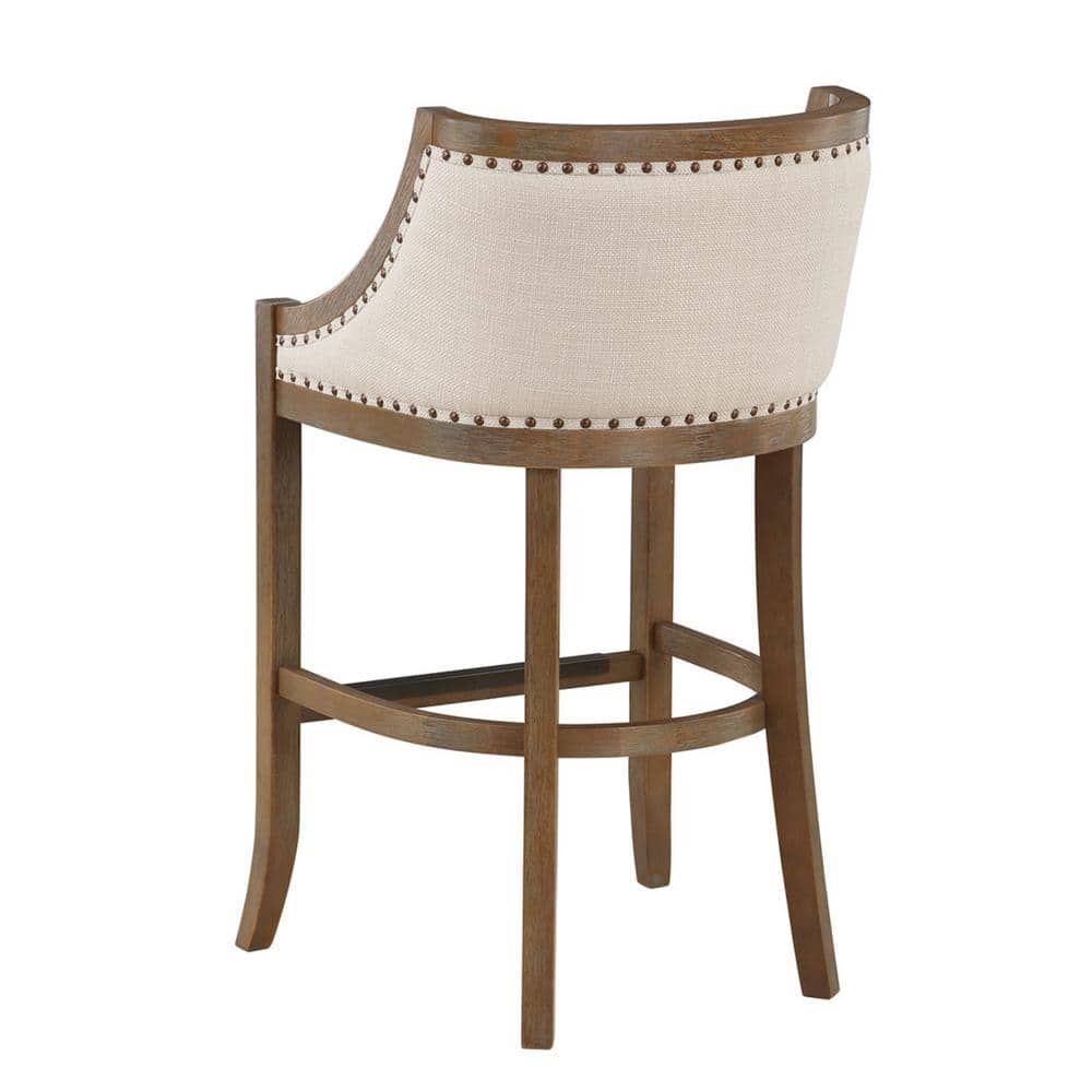 Michelle Transitional Beige Linen & Warm Brown Wood Bar Stool