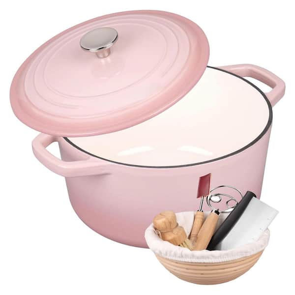 4.5 qt. Round Cast Iron Dutch Oven in Pink with Lid for Bread Baking, Sourdough Essentials Set Included