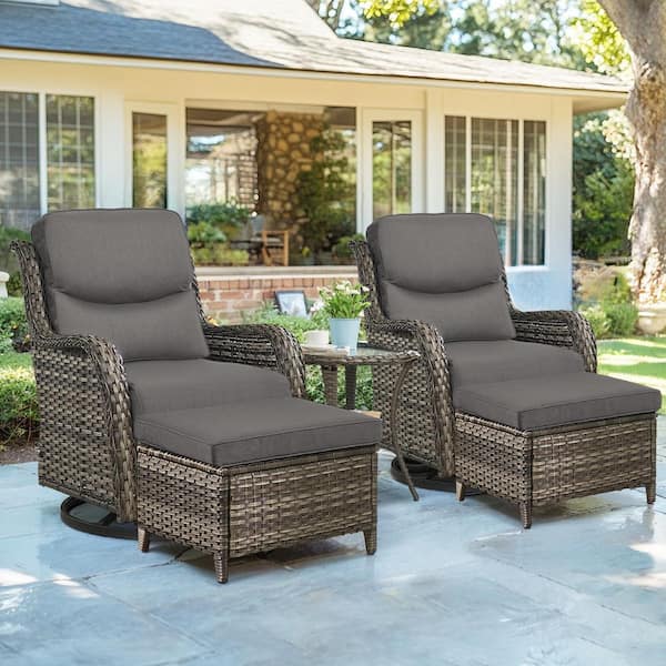 Crescent Gray 5-Piece Wicker Swivel Rocker Patio Conversation Set with 5 in. Thick Gray Cushions and Ottomans