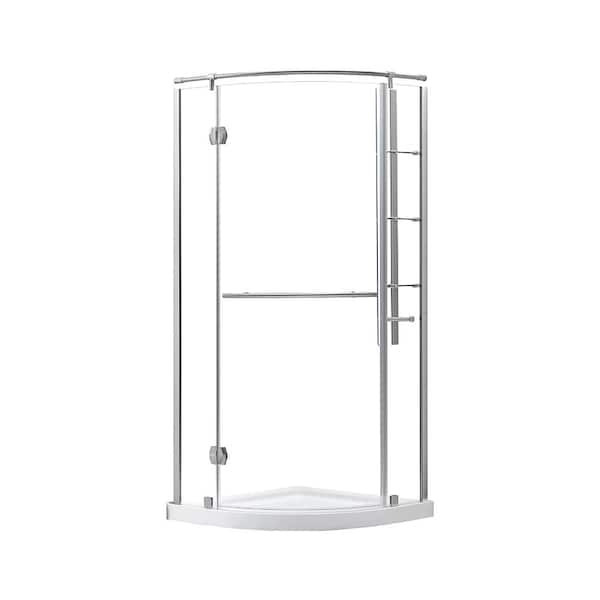 Glamour 32 in. W x 74 in.H Round Pivot Semi-Frameless Corner Shower Door in Satin Nickel