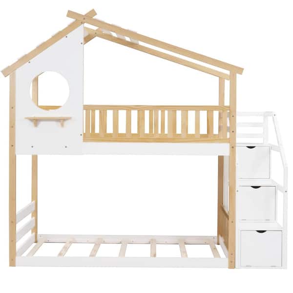 ATHMILE Brown Stairway Twin-Over-Twin Bunk Bed