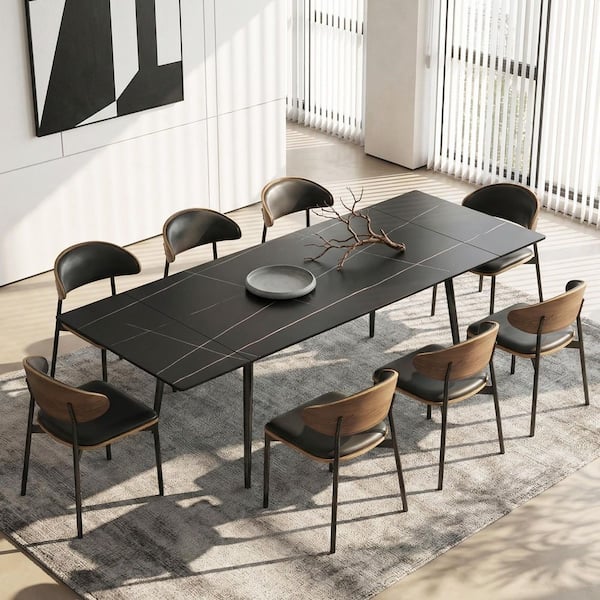 9-Piece Modern Extendable Black Dining Set: 95 in. Large Faux Marble Top Table and 8-Mid-Century Wood Curved Chairs
