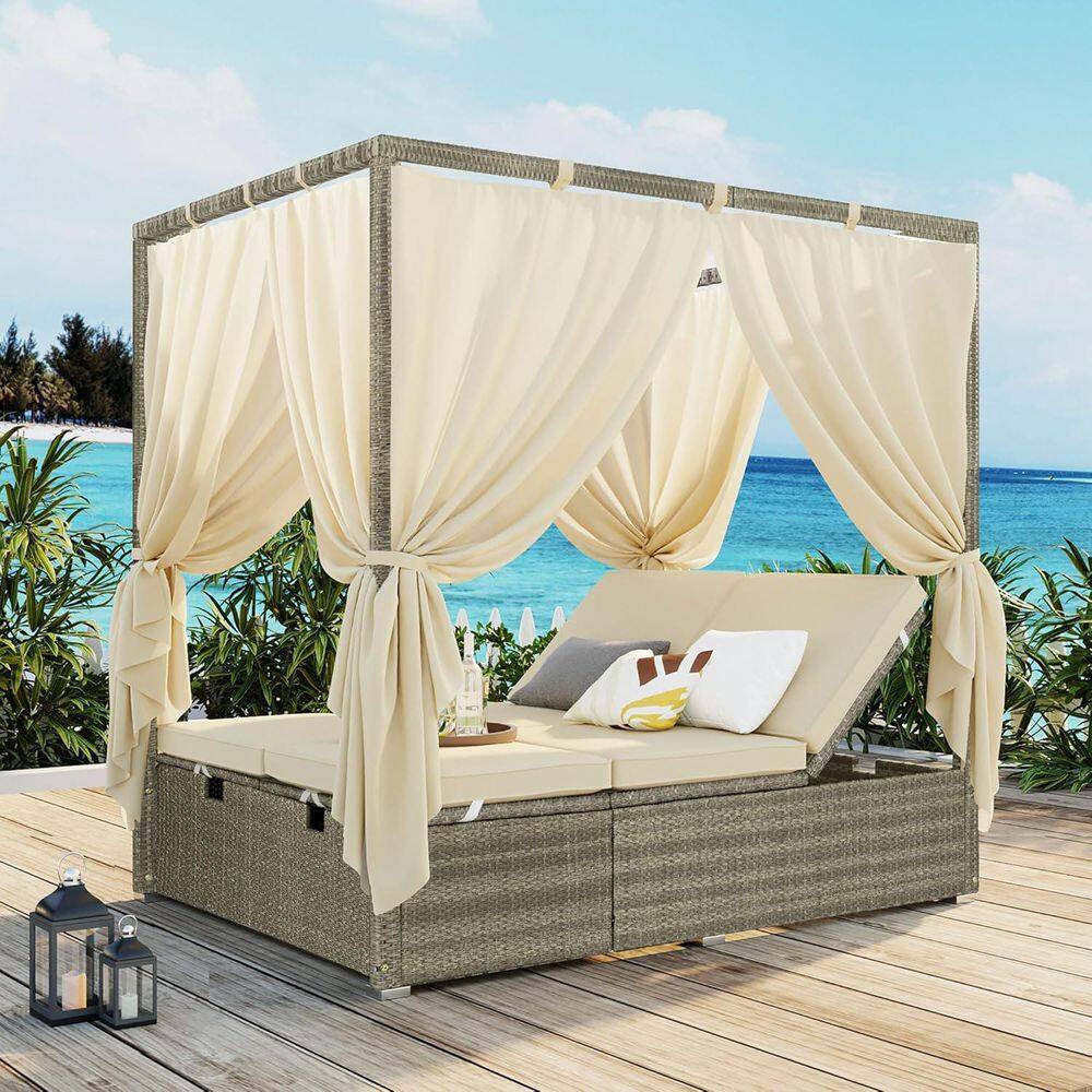 Patio Wicker Adjustable Seats Outdoor Day Bed with Comfortable Beige Cushion, Outdoor Sofa Patio Furniture Set price history on PriceWatchPro