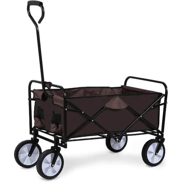 Wildaven 2 cu. ft. Brown Fabric Heavy-Duty Rolling Collapsible Garden Cart with 360-Degree Swivel Wheels and Adjustable Handle