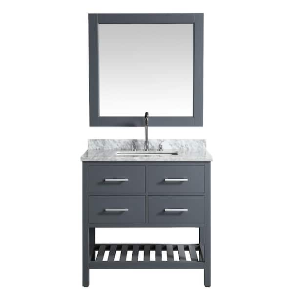 Design Element London 36 in. W x 22 in. D Vanity in Gray with Marble Vanity Top in Carrera White with White Basin and Mirror