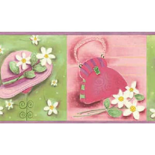 Dundee Deco Falkirk Brin Hats, Purses Pink, Green, Purple, White Wallpaper Border