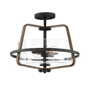 16.5 in. Ryder 2-Light Forged Black Interior Ceiling Light Semi Flush Mount with Clear Glass Shade