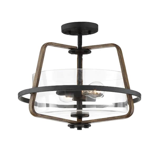 Designers Fountain Ryder 16.5 in. 2-Light forged Black Rustic Entryway Semi-Flush Mount with Clear Glass Shade