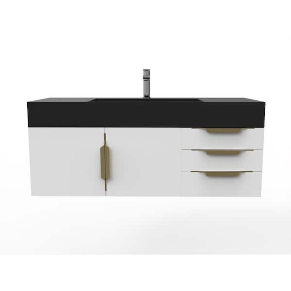 castellousa Maranon 48 in. W x 19 in. D x 19.25 in. H Single Bath Vanity in Matte White with Gold Trim and Black Solid Surface Top