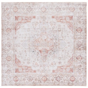 Tuscon Light Gray/Rust 4 ft. x 4 ft. Machine Washable Floral Distressed Square Area Rug