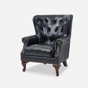 Eberhard Black Genuine Leather Arm Chair with Nailhead Trims and Removable Cushion