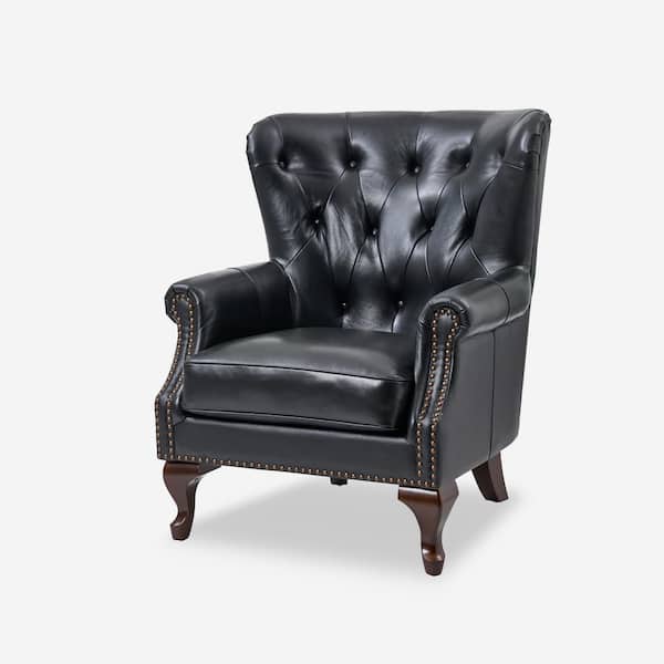 JAYDEN CREATION Eberhard Black Genuine Leather Arm Chair with Nailhead Trims and Removable Cushion