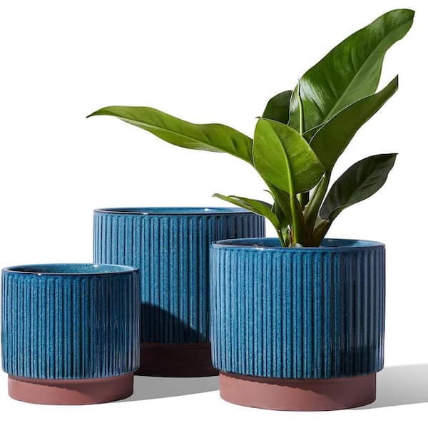 ITOPFOX Contemporary 8 in. L x 6.5 in. W x 5.5 in. H Blue Ceramic Round Indoor Planter (3-Pack)