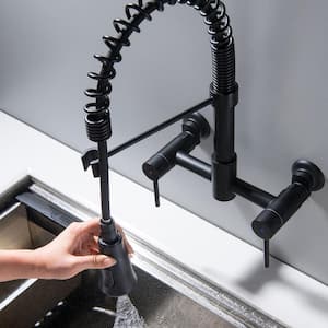 High Arch Double Handle Pull Down Sprayer Kitchen Faucet with Advanced Spray in Matte Black