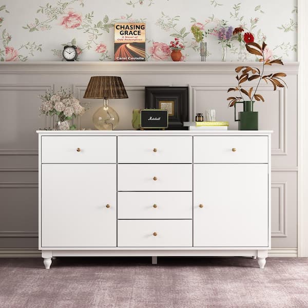 FUFU&GAGA White Wood 6 Drawers Dresser With 2-Doors and Adjustable Shelves(55.1 in. W x 15.7 in. D x 33.5 in. H)