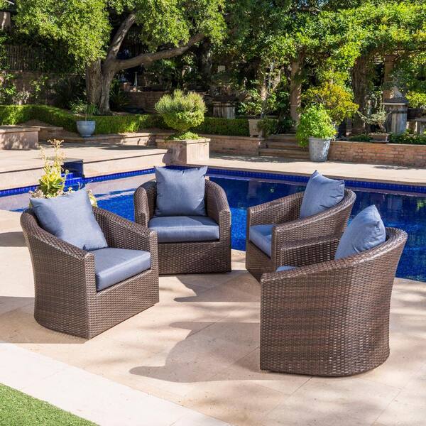 Noble House Darius Mixed Brown Removable Cushions Faux Rattan Outdoor Club Chair with Navy Blue Cushions (4-Pack)