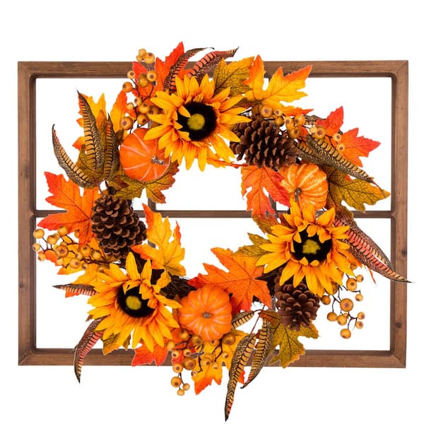 Glitzhome 28 in. Artificial L x 24 in. Artificial W x 7 in. Artificial H Wooden Window Frame with Sunflower Wreath