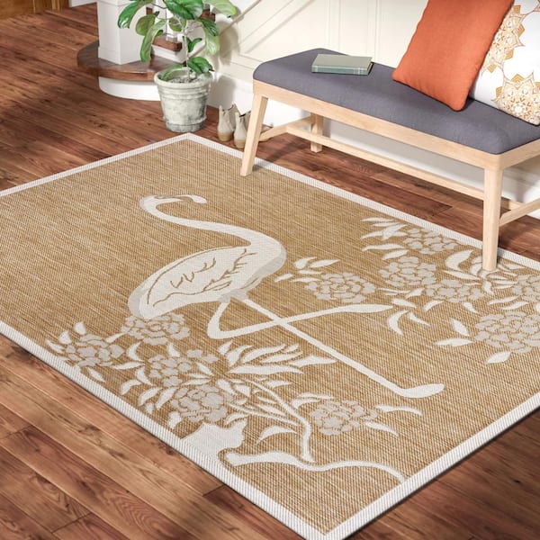 Clover Scenic Natural Beige 5 ft. x 7 ft. Flamingo Bird Indoor/Outdoor Area Rug