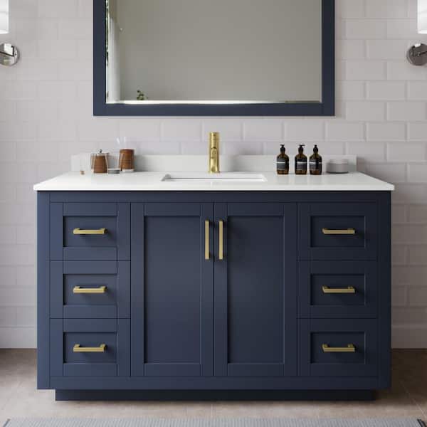 Wyndham Collection Miranda 54 in. W x 22 in. D x 33.75 in. H Single Bath Vanity in Dark Blue with White Quartz Top and 46 in. Mirror