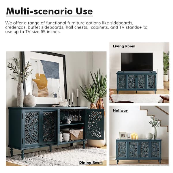 JAYDEN CREATION Herculaneum Blue Traditional Wooden 63 in. Wide Sideboard with 4 Doors and Adjustable Shelves SBLS0845 BLU