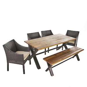 Helena 29.50 in. Multi-Brown 6-Piece Metal Rectangular Outdoor Dining Set with Beige Cushions