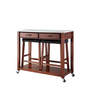 Cherry Kitchen Cart with Stainless Top and Stools