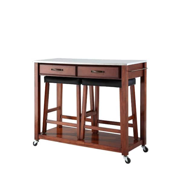 CROSLEY FURNITURE Cherry Kitchen Cart with Stainless Top and Stools