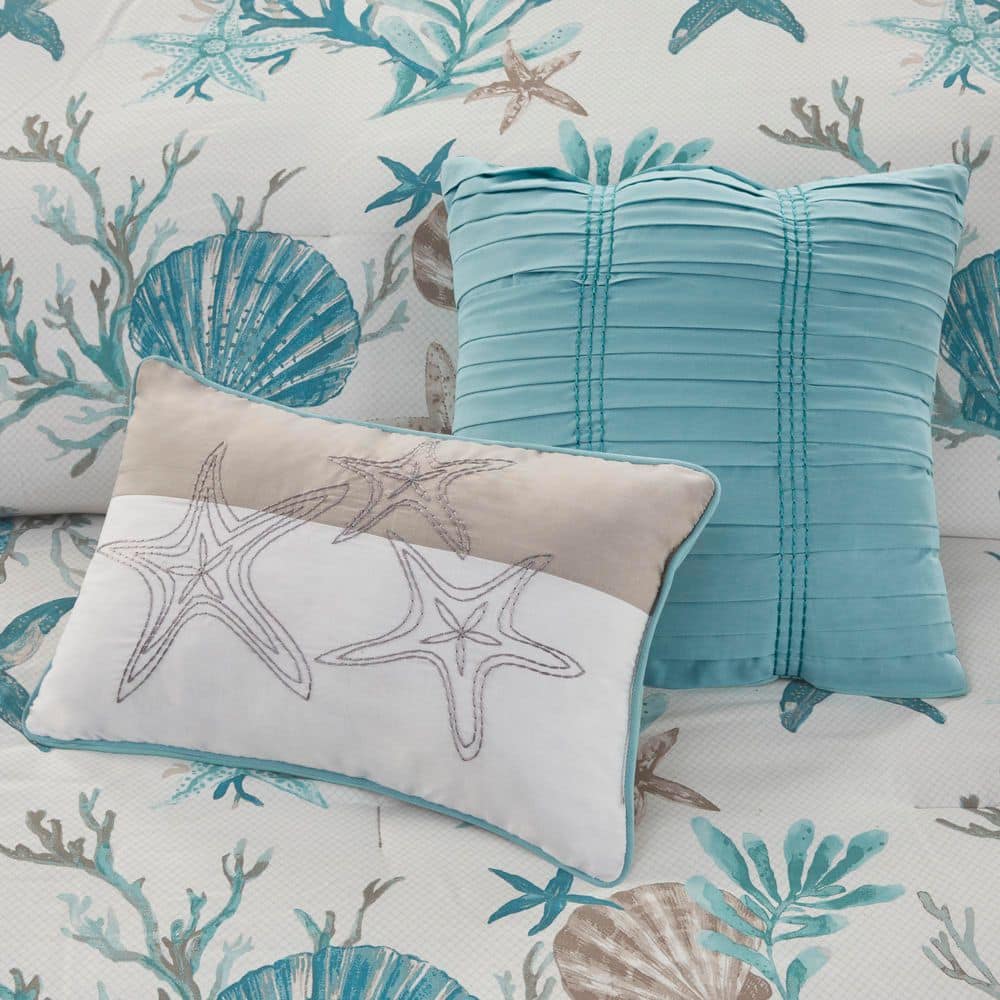 Aqua Coastal Queen Cotton Comforter Set with Decorative Pillows