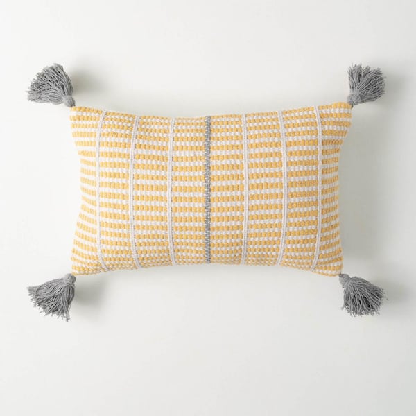 SULLIVANS 19.5 in. x 12 in. Yellow Birdseye Striped Throw PIllow, Cotton