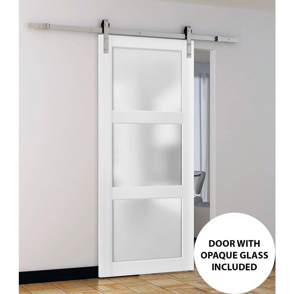 White Frosted Glass Pine Wood Sliding Barn Door with Hardware