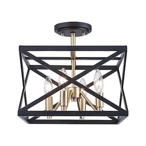 13 in. 4-Light Black and Gold Semi-Flush Mount Ceiling Light with Caged Metal Shade