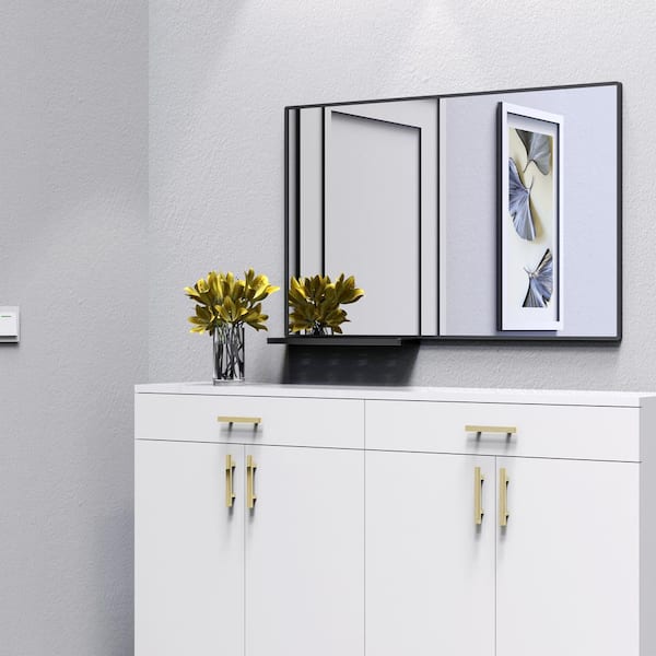 Cesicia 48 in. W x 30 in. H Rectangular Modern Black Aluminum Framed Decorative Wall Bathroom Vanity Mirror with Storage Rack