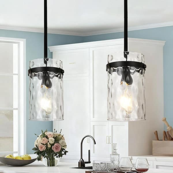 Jasslynn 2-Pack 60W Black Modern Adjustable Pendant Light Fixture with Cylinder Glass Shade for Kitchen Dining Room