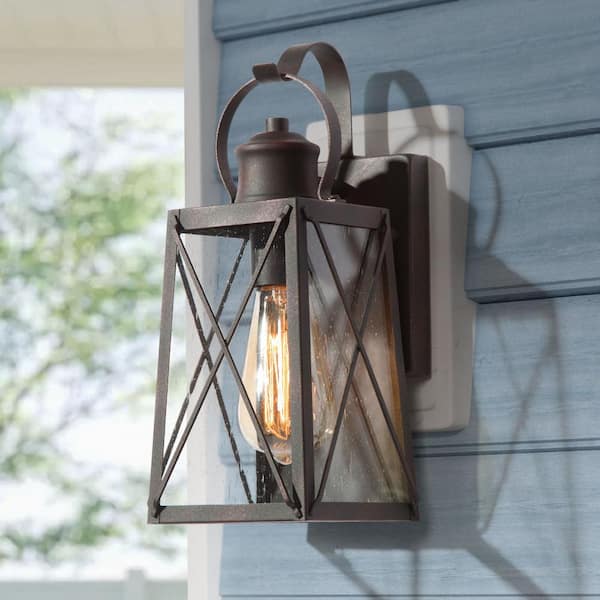 LNC Craftsman Modern Farmhouse Rust Bronze 1-Light Outdoor Wall Lantern Sconce with Seeded Glass Shade Patio Wall Light