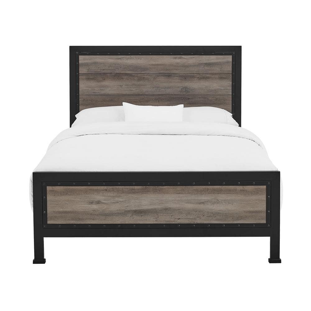 Rustic Industrial Queen Panel Bed with Wood Accents, Grey Wash
