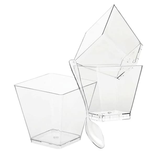 3.5 oz. Square Plastic Dessert Cups Irregular Shape PS Material with Spoons 50 Pack for Appetizer Pudding Party