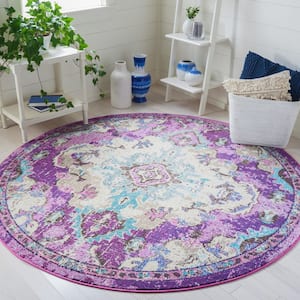 Madison Lavender/Light Blue 3 ft. x 3 ft. Border Floral Oriental Round Area Rug