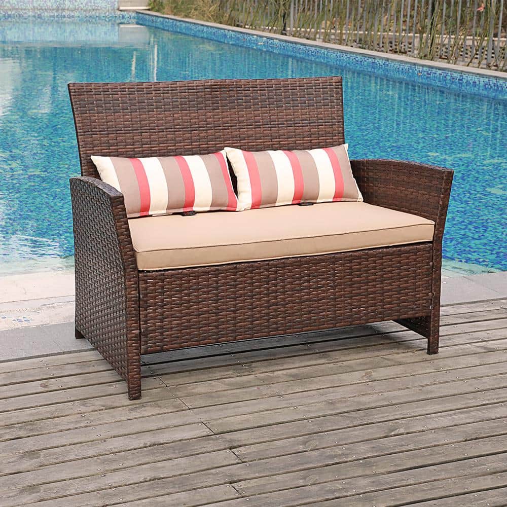 1-Piece Wicker Outdoor Loveseat with Beige Cushions