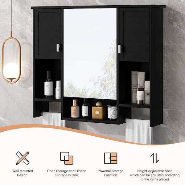 35 in. W x 28.7 in. H Rectangular MDF Medicine Cabinet in Black with Mirror and Towels Bar