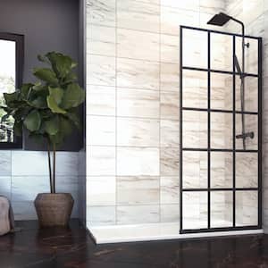 Eurolite 34 in. W x 76 in. W Fixed Stationary Panel in Matte Black Finish with Grid Glass Shower Door
