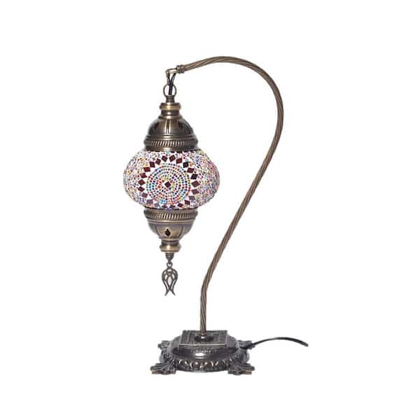 Unbranded 18 in. Brass Color Table Lamp in Multicolor Handmade Swan Neck Center Circle Mosaic Glass with Metal Base