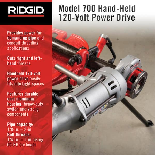700 Power Drive Compact Handheld Heavy-Duty Pipe Threading Machine Kit Includes Tool 12R Die Heads Support Arm Plus Case