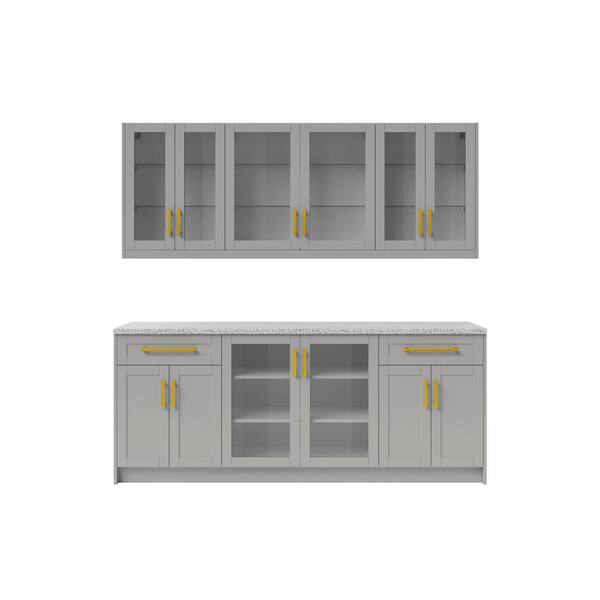 NewAge Products Gray Home Bar Cabinet Set with Contemporary Brushed Brass Handles (7-Pieces)