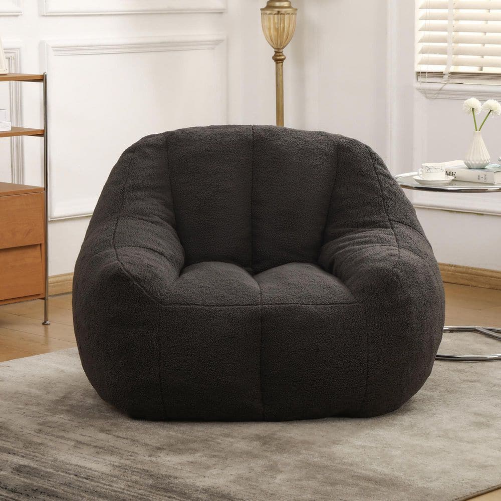 Dark Gray Teddy Faux Fur Fabric Bean Bag Chair with Tufted Soft Stuffed Filling, Fluffy and Memory Foam