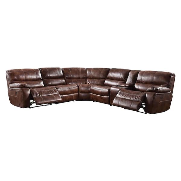 Brax 120 in. Pillow Top Arm Leather L-Shaped Reclining Sofa in 2-Tone Brown Synthetic Leather